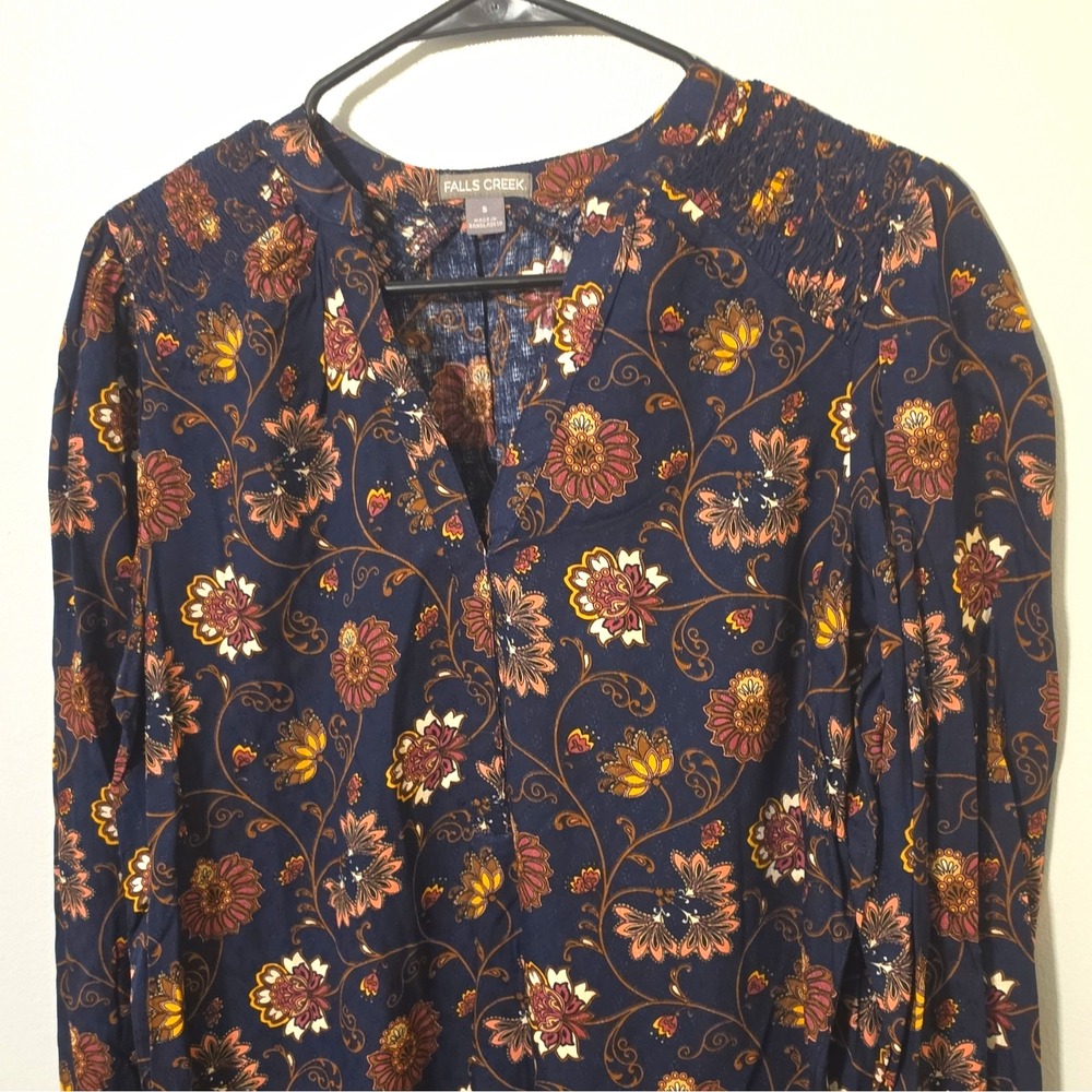 Falls Creek Blue Floral V-Neck Long Sleeve Rayon Pullover Blouse Size S #154